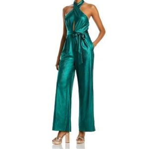 AQUA Metallic Lame Halter Jumpsuit